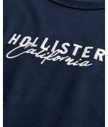 Hollister Navy Embroidered Logo Tee With Logo Shoulder Strip.